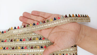 Sequin Fringe Trim, Multicoloured Tissue Fabric Sequin Border, Beige Shimmer Lace Trim